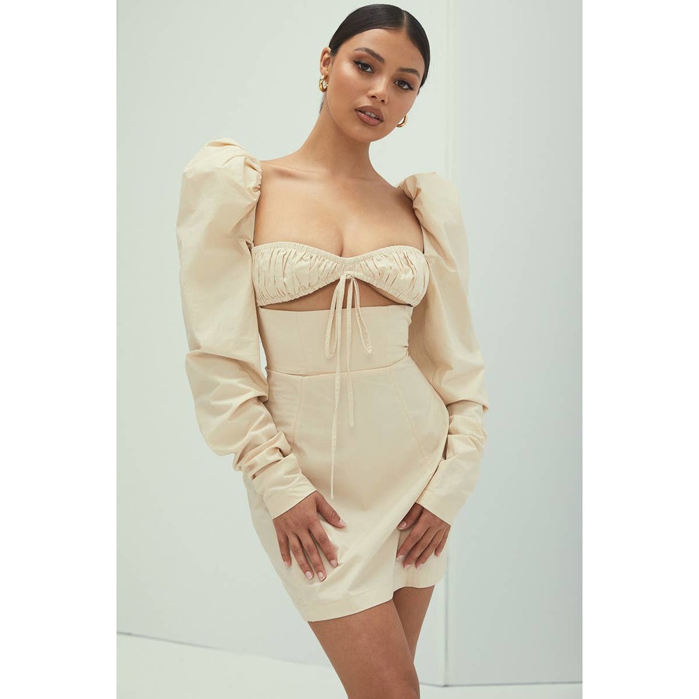 Mistress Rocks Dreamscene Beige Puff Sleeve Dress Women's XS NWOT